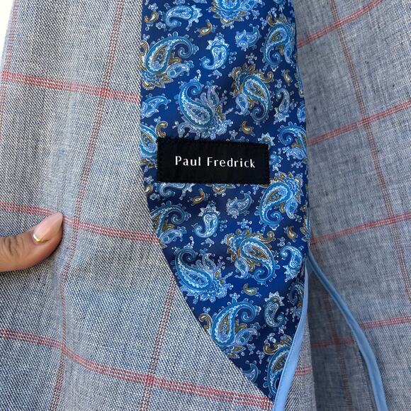 Paul Fredrick Linen Cotton Men’s Blazer Jacket Light Blue Windowpane 48R - Picture 4 of 9